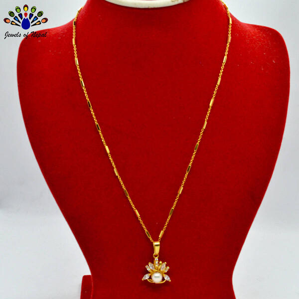 Gold Plated Cz Stone And Faux Pearl Studded Chain Pendant For Women
