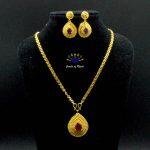 Gold Plated Drop Shaped Faux Ruby Adorned Earrings And Necklace Set