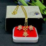 Gold Plated Flower Designed Ear Studs And Pendant Chain Set