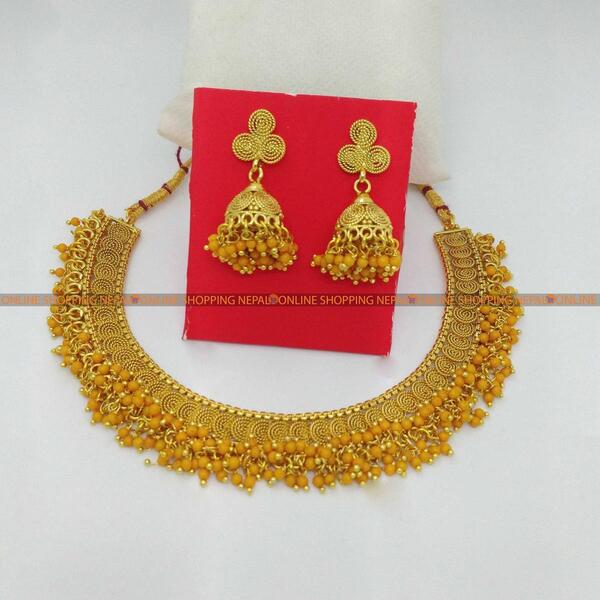 Gold Plated Moti Necklace With Earring