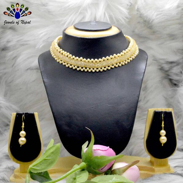 Golden Faux Moti & Crystal Filled Adjustable Choker Set With Earrings- Jewels of Nepal