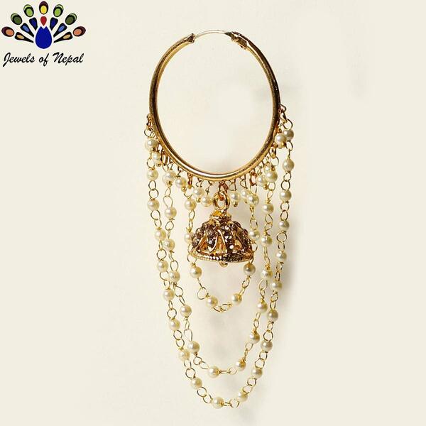 Golden / White Faux Moti Beaded Chain Drop Hoop Pinjada Earrings for Women- Jewels of Nepal