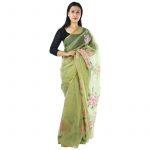 Green Chiffon Flower Printed Golden Border Design Saree For Women