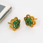 Green Floral Rhinestone Designed Stud Earrings For Women
