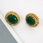 Green Solid Double Rhinestone Border Stud Earrings For Women