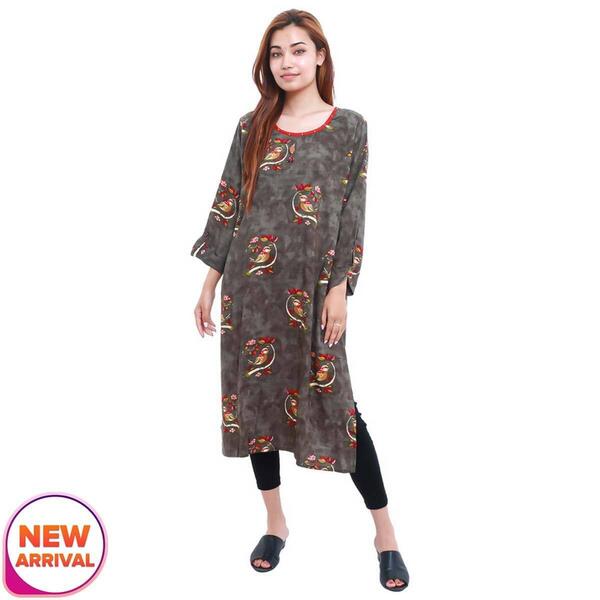 Grey Cotton Birds Print Front Button Design Kurti For Women