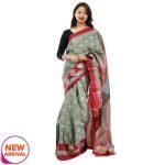 Grey Silk Flower Printed Red Border Design Saree For Women