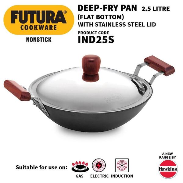 Hawkins Futura PFOA FREE Non-Stick Induction Compatible 2.5 Litre Deep Fry Pan (Kadahi) With Stainless Steel Lid