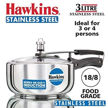 Hawkins Stainless Steel Induction Base HSS3W Pressure Cooker 3Litre Wide