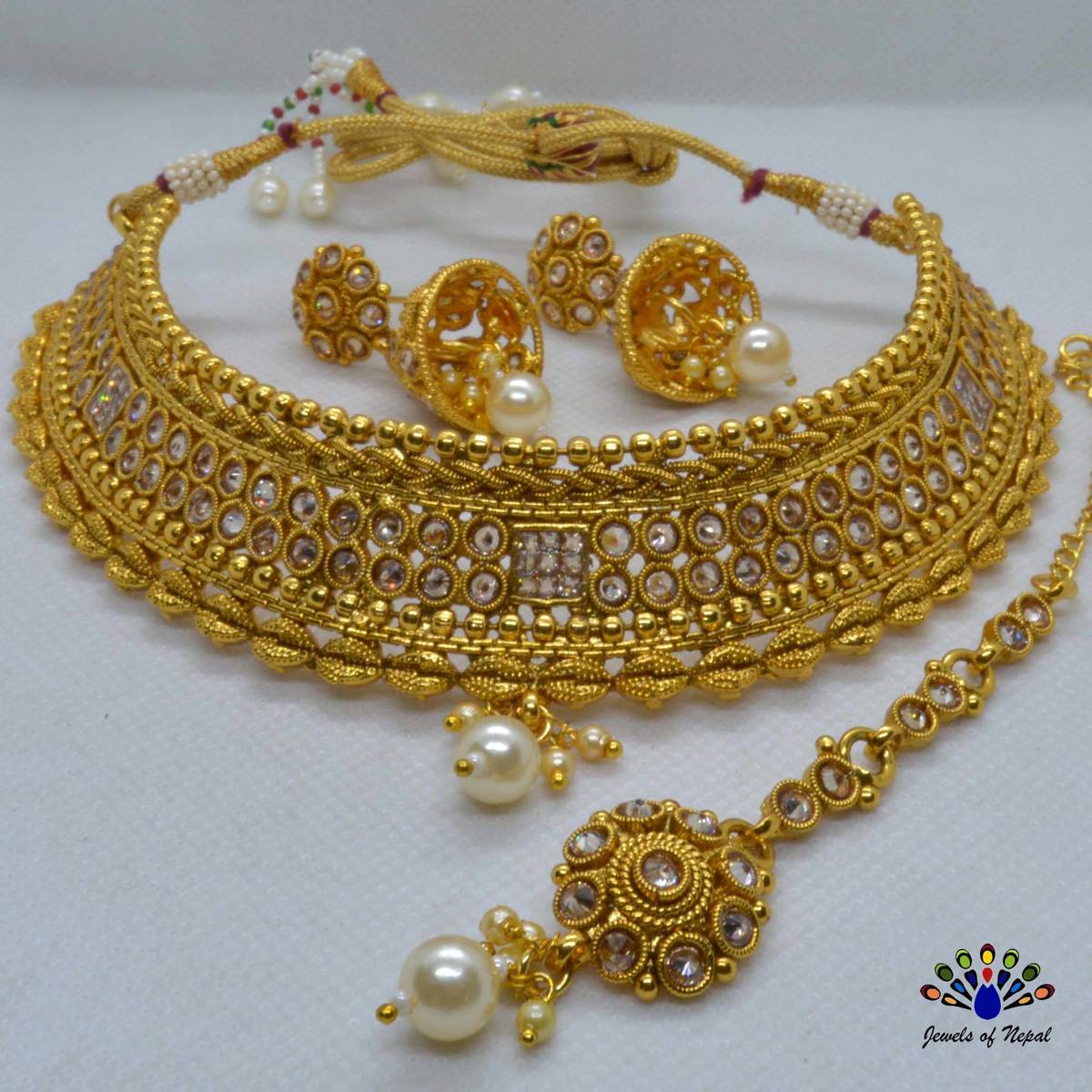High Gold Faux Moti & Stones Embellished Choker Necklace Set With Adjustable Necklace Strap