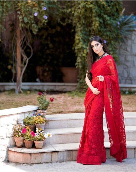 Hot Red Embroidered Bollywood Net Saee