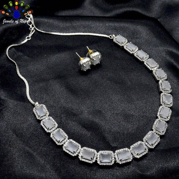 Jewels of Nepal American Diamond Studded Necklace & Ear Studs Set for Women
