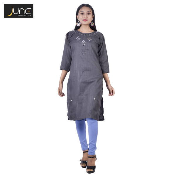 June Dark Grey 4 Diamond Mirror Work Kurti Tops For Women