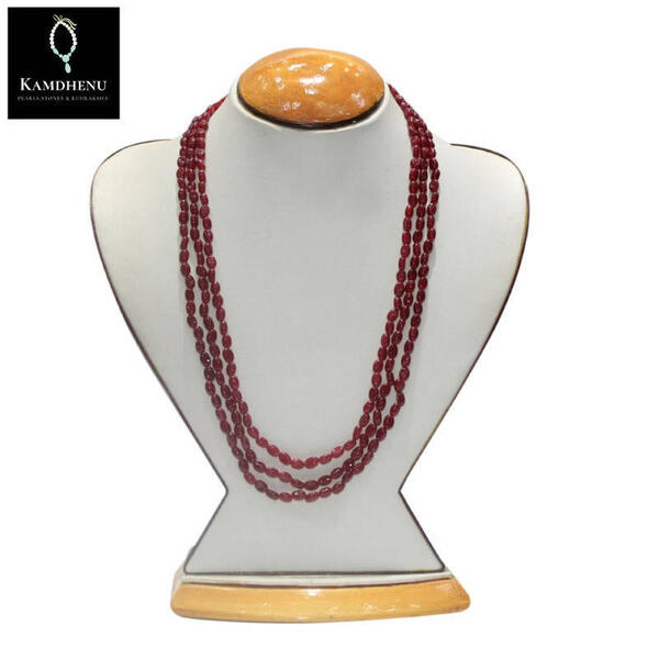 Kamdhenu Red Semi-Preciuos Ruby Stone (Flat Shape) 3Line Necklace For Women
