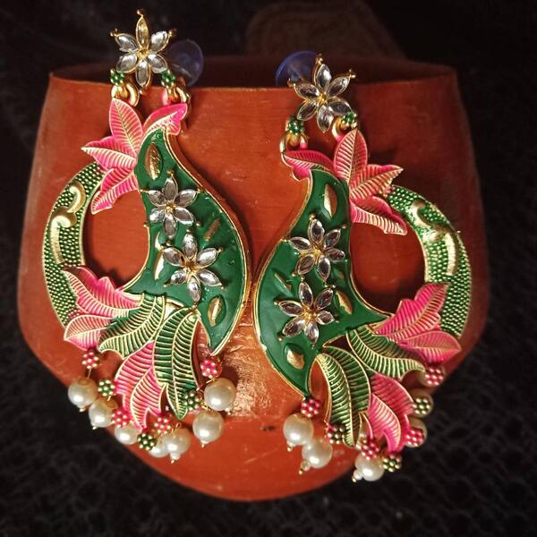 Long Earrings With Mint Meena Work