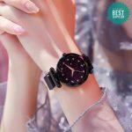 Magnetive Buckle Fashionable Round Shape  Black Dial Watch For Women