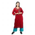 Maroon Cotton Floral Embroidred Kurti With Blue Plain Plazzo Set For Women