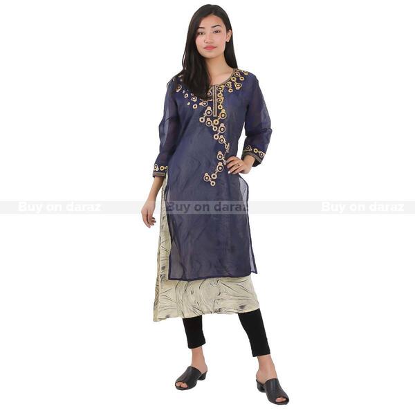 Navy Floral Embroidered Double Layer Kurti For Women