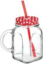 Non Printed Transparent Glass Jar Mug with Lid Straw and Handle For Juice, Cold and Drink (400ml)