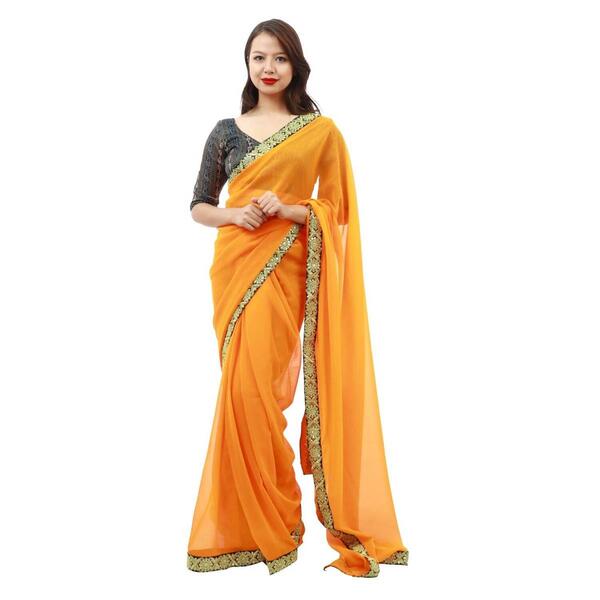 Orange Chiffon Border Embroidred Saree With Printed Blouse Set For Women