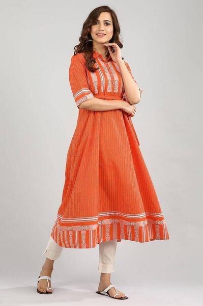 Orange Yarn-dyed Kurta For Women
