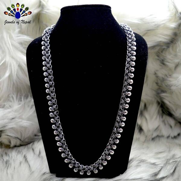Oxidized Silver Toned Statement Matinee Length Necklace for Women (Free Nose Clip)- Jewels of Nepal