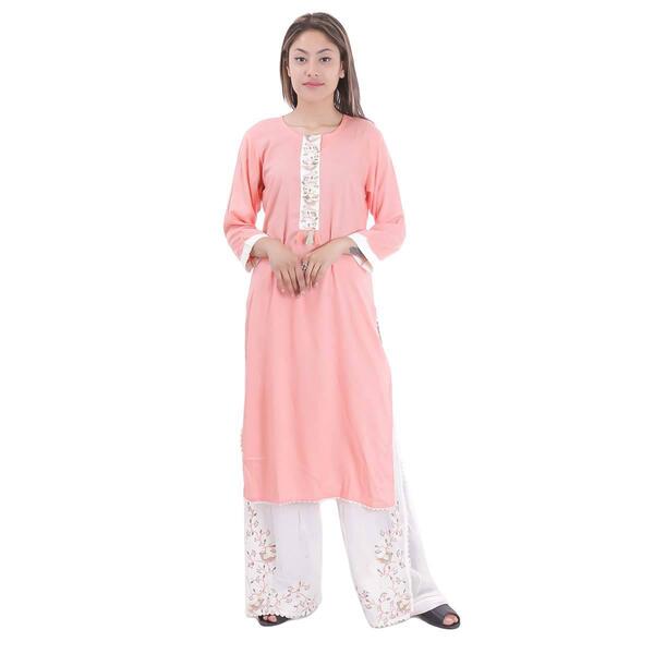 Peach Cotton Floral Embroidered Kurti Palazzo Set For Women