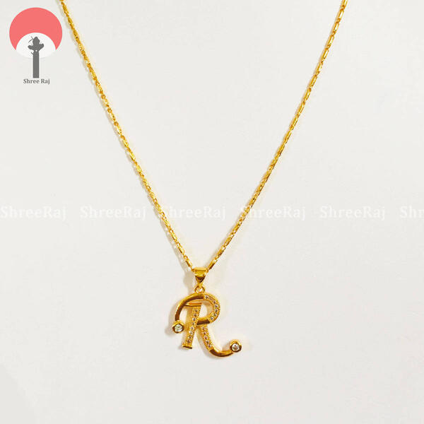 Pure Gold Plated Chain And R Design Locket With White Stones For Women