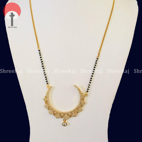 Pure Gold Plated Moon Design Mangalsutra(Black Potey) With White Stones For Women