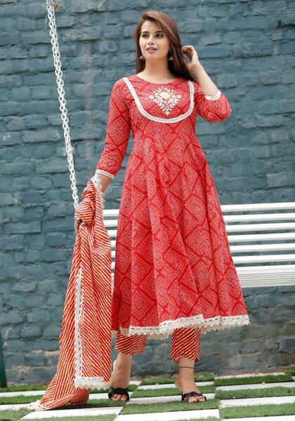 Red Anarkali kurti with pant and dupatta