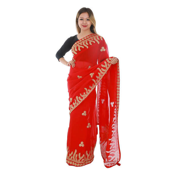 Red Chiffon Embroidered Saree For Women