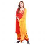 Red Cotton Floral Embroidered Kurti Orange Plazzo With Shawl Set For Women