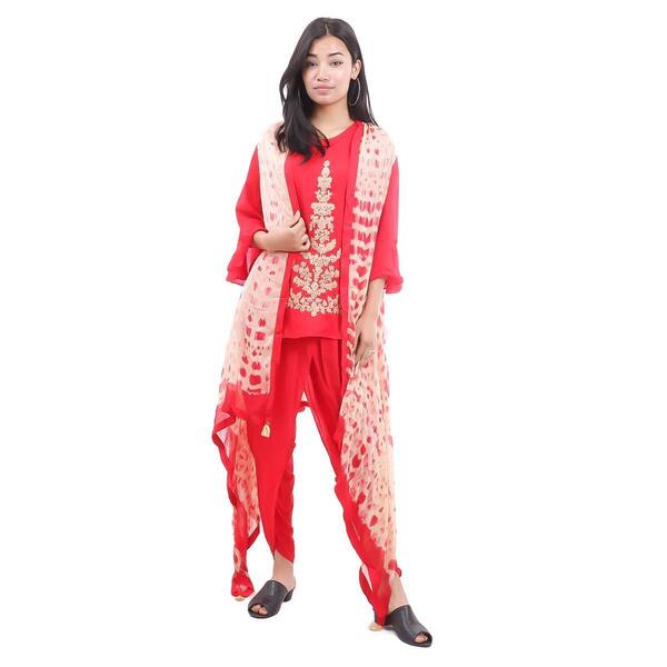 Red Floral Embroidered Kurti Outer Suruwal Set For Women