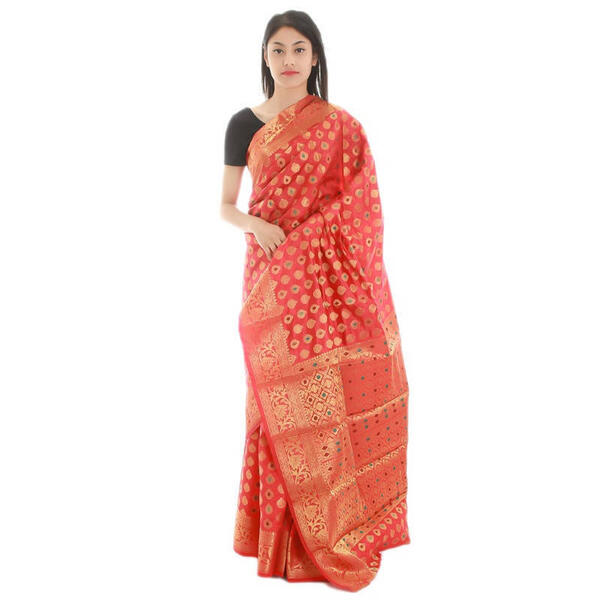 Red Silk Abstract Golden Border Print Saree For Women