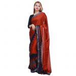 Red Straight Designer With Black Stripe Border and Blouse Saree For Women