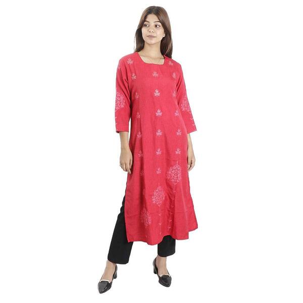 Red Thread Floral Embroidered Kurti For Women