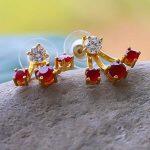 Red/White Crystal Embellished Gold Plated Double Sided Stud Earrings For Women