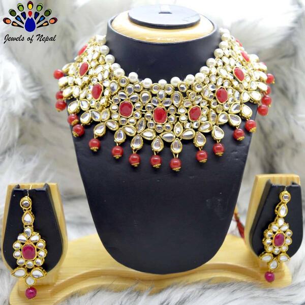 Red/White Stones & Faux Moti Beaded Choker Necklace & Earrings Set