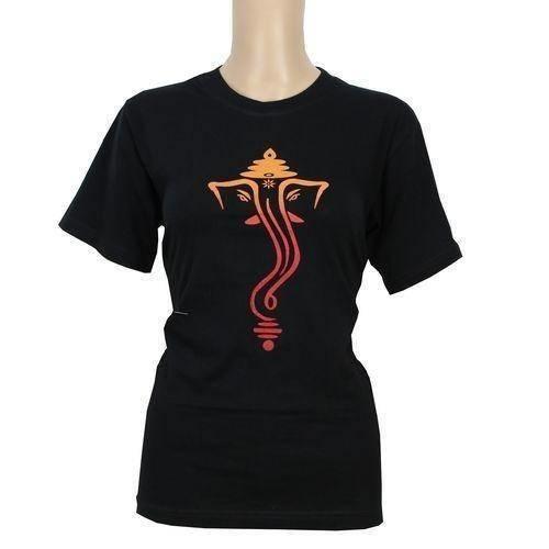 Round Neck Ganesh Printed 100% Cotton T-Shirt For Women- Black - 016