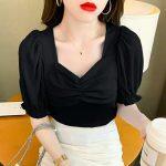 Sexy Low Neckline Tight Fashion Bubble Short Sleeve Top For Women