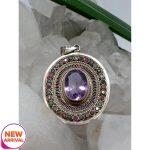 Silver Filigree Blue Topaz With Ruby And Emarald Stone Pendent