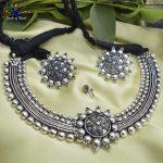 Silver Oxidized Floral Tribal Designed Choker Necklace Set by Jewels of Nepal
