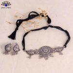 Silver Oxidized Toned Floral Patterned Choker and Ear Studs Set for Women- Jewels of Nepal