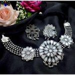 Silver Oxidized Toned Mirror Studded Floral Designed Jewelry Set for Women- Jewels of Nepal