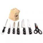 Star Bo Knife Set with Wooden Block 8 Piece - Chef Knife, Bread Knife, Boning Knife, Utility Knife, Fruit Knife, Round Knife Sharpener, Scissors and Wood Block Knives Holder (Black Handle)