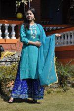 Torquise/Blue Kurti With Stylish Design And Shawl Set For Women