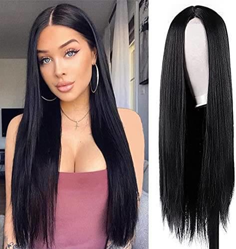 Women Heat Resistant Black Long Straight Synthetic Hair Wig Extension Hairpiece