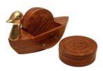 Wooden Tea Coaster Set of 6, Round Handicraft with Brass Decor Duck Shaped