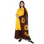 Yellow Cotton Collar Neck Floral Embroidred Kurti Brown Plazzo With Brown Tie Dye Shawl Set For Women