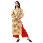 Yellow Cotton Flower Printed Kurti With Red Plazzo Set For Women